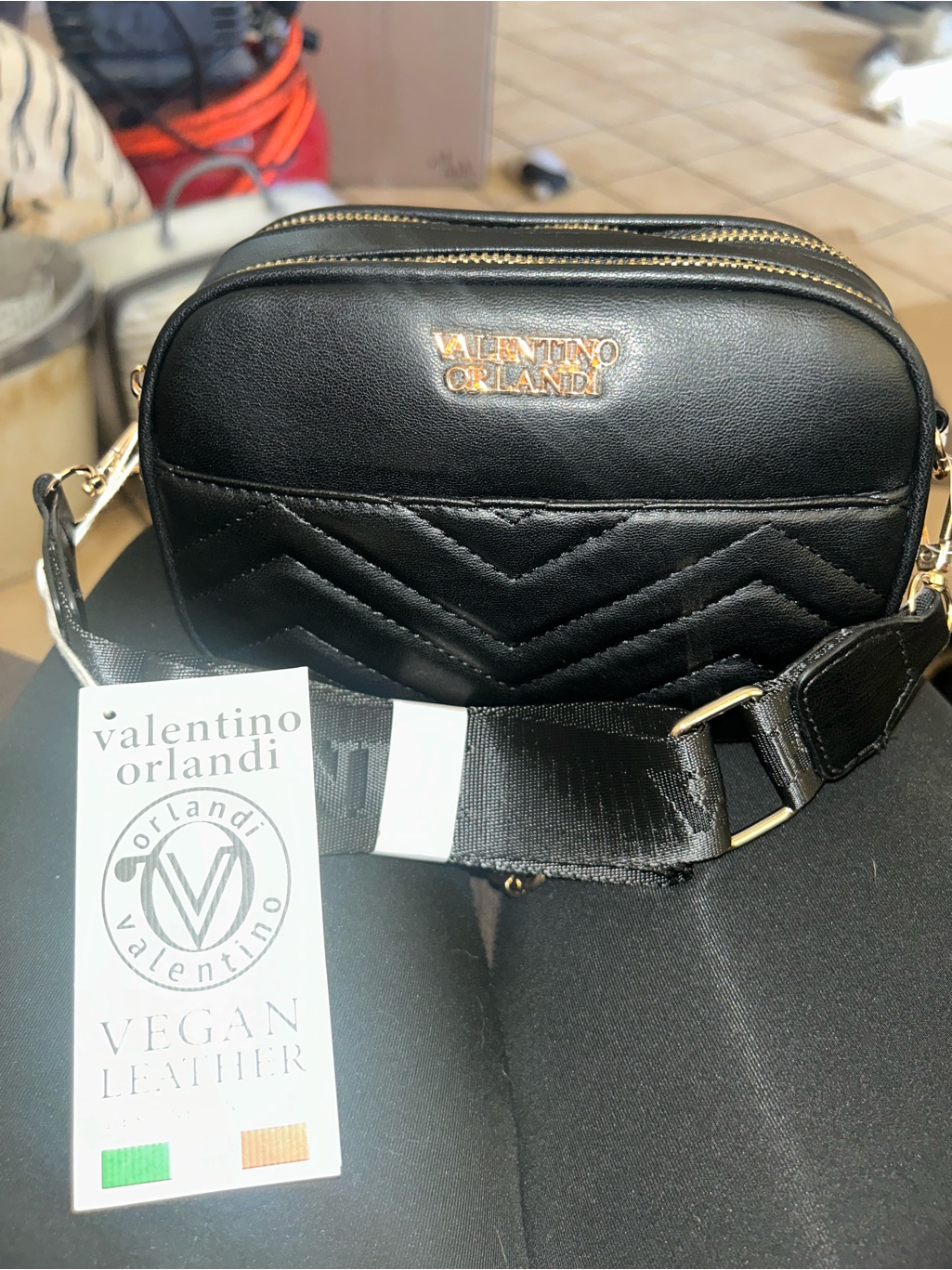 Valentino Orlandi Black Quilted Crossbody With Gold Hardware